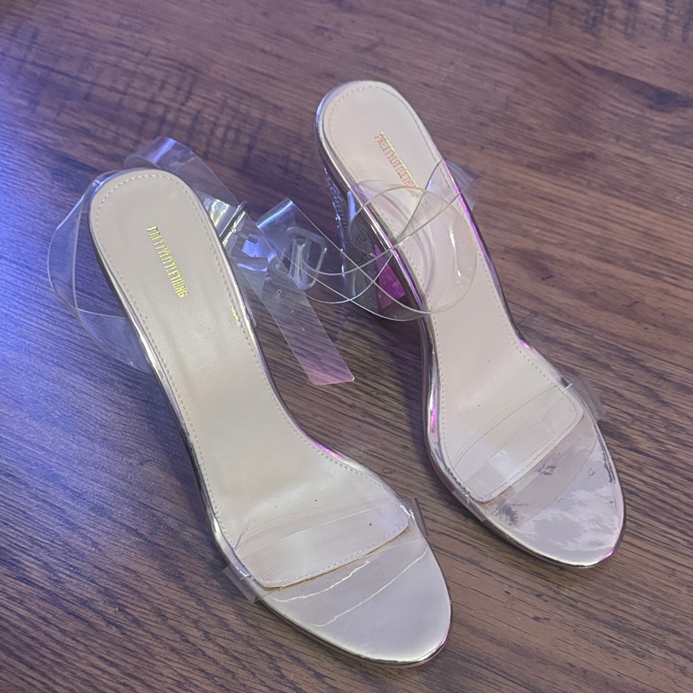 PrettyLittleThing Clear Strap Heels with Gold Sole